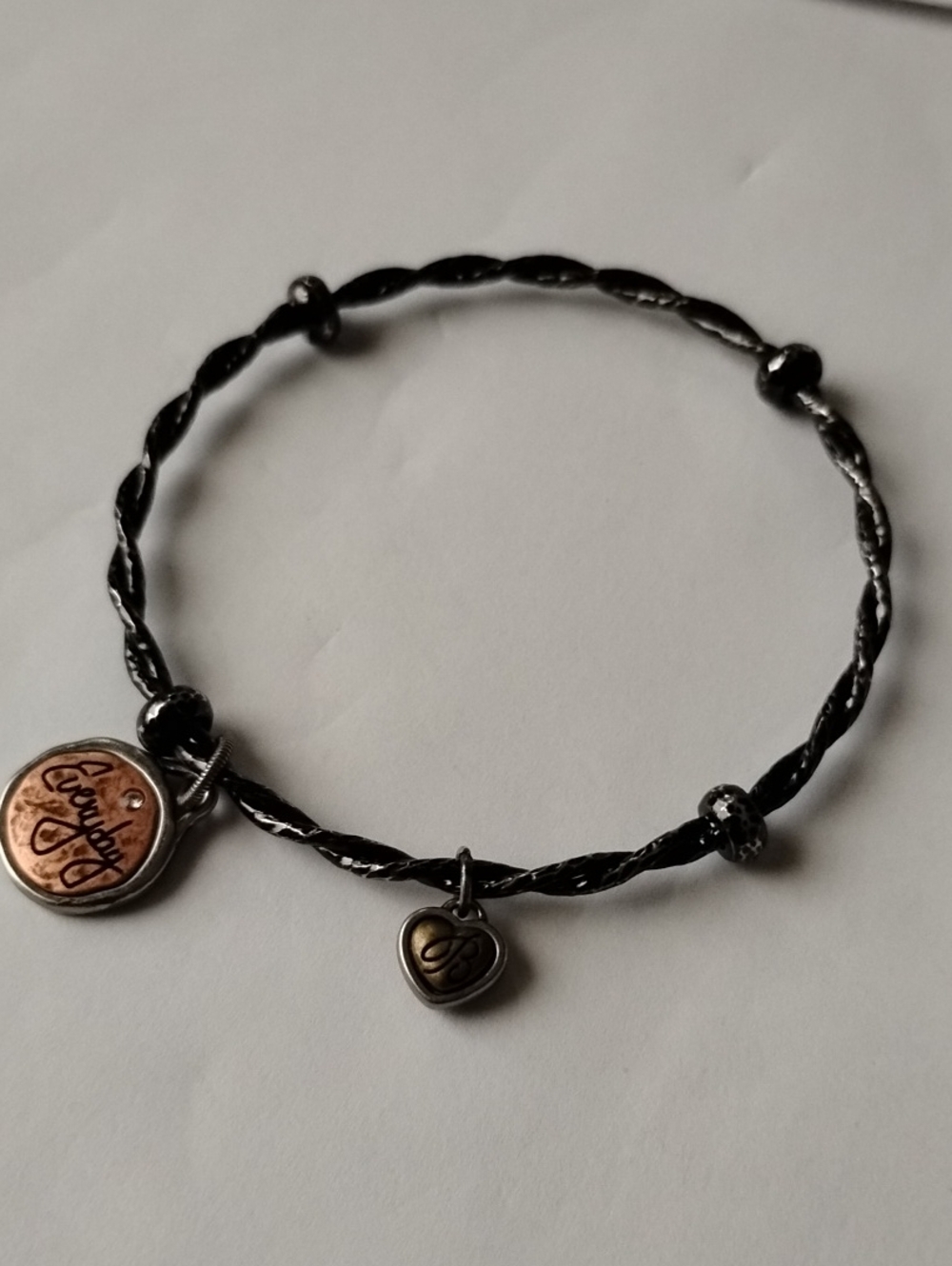 Brighton Black Twisted Wire Bracelet with Copper Script Disc and Heart Charm